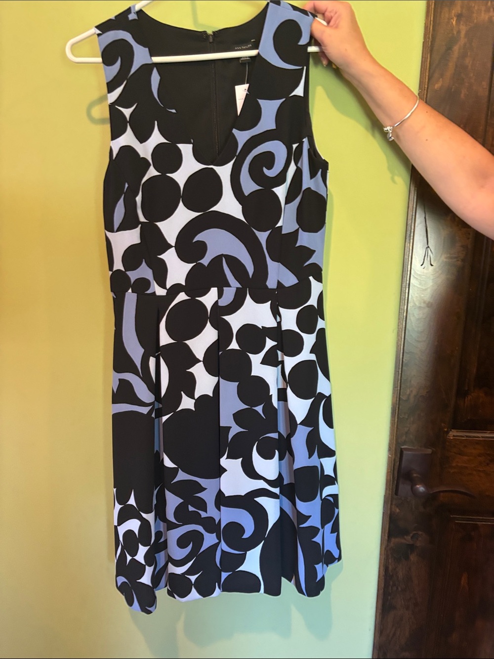 Ann Taylor Black and Periwinkle Sleeveless Printed A-Line Dress